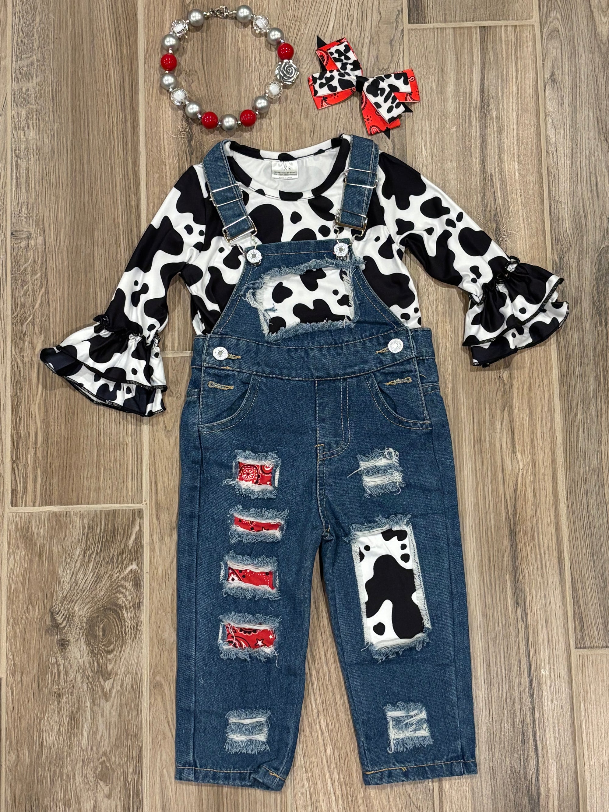 L/S - Cow Print w/Denim Overalls