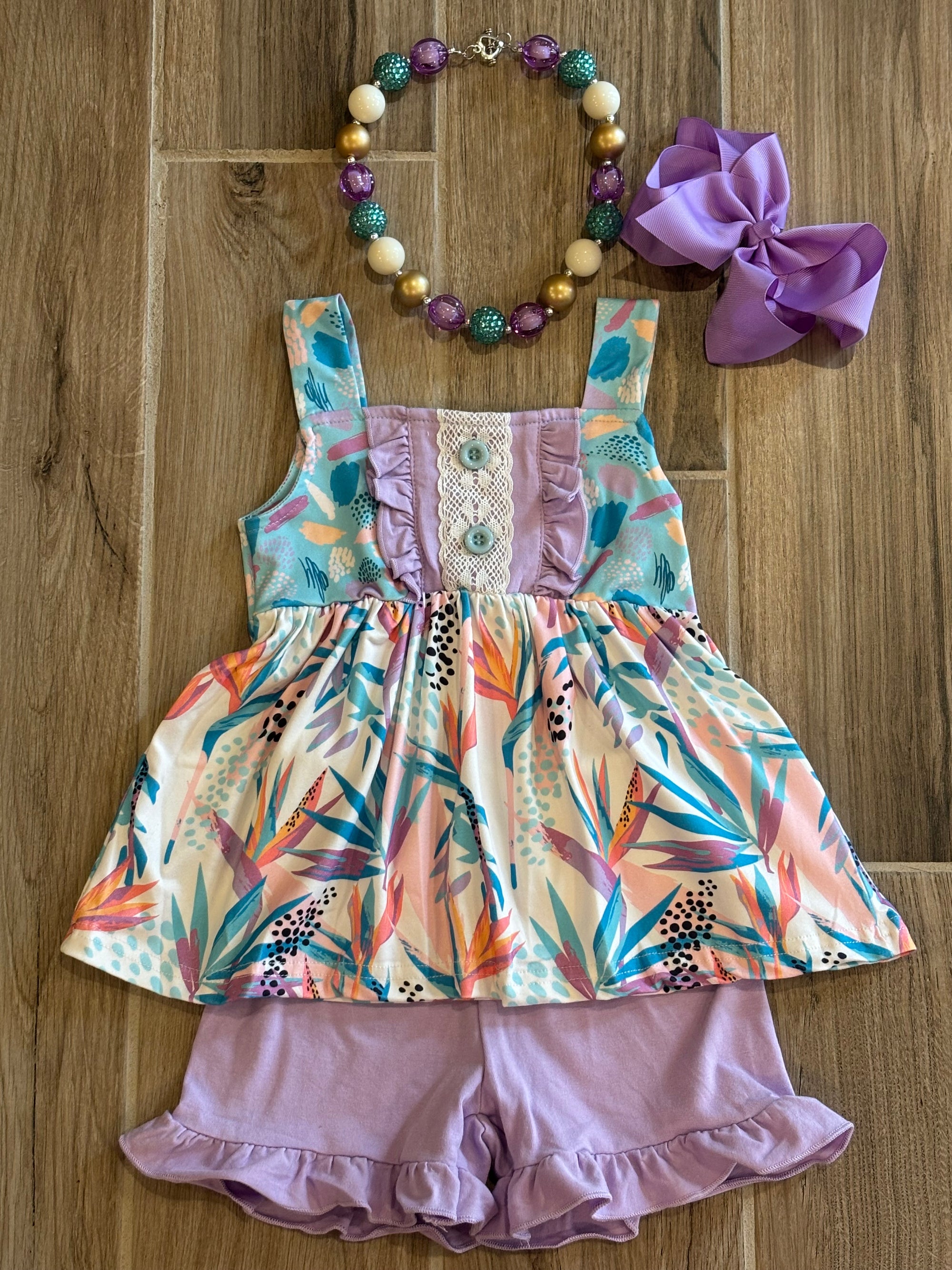 Short Set - Cyan/Lavender Print