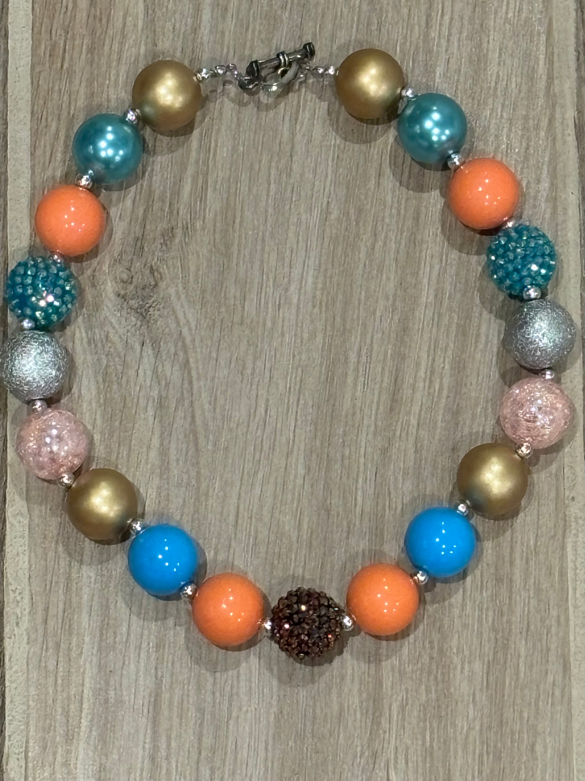 Necklace - Coral/Gold/Teal Rhinestone