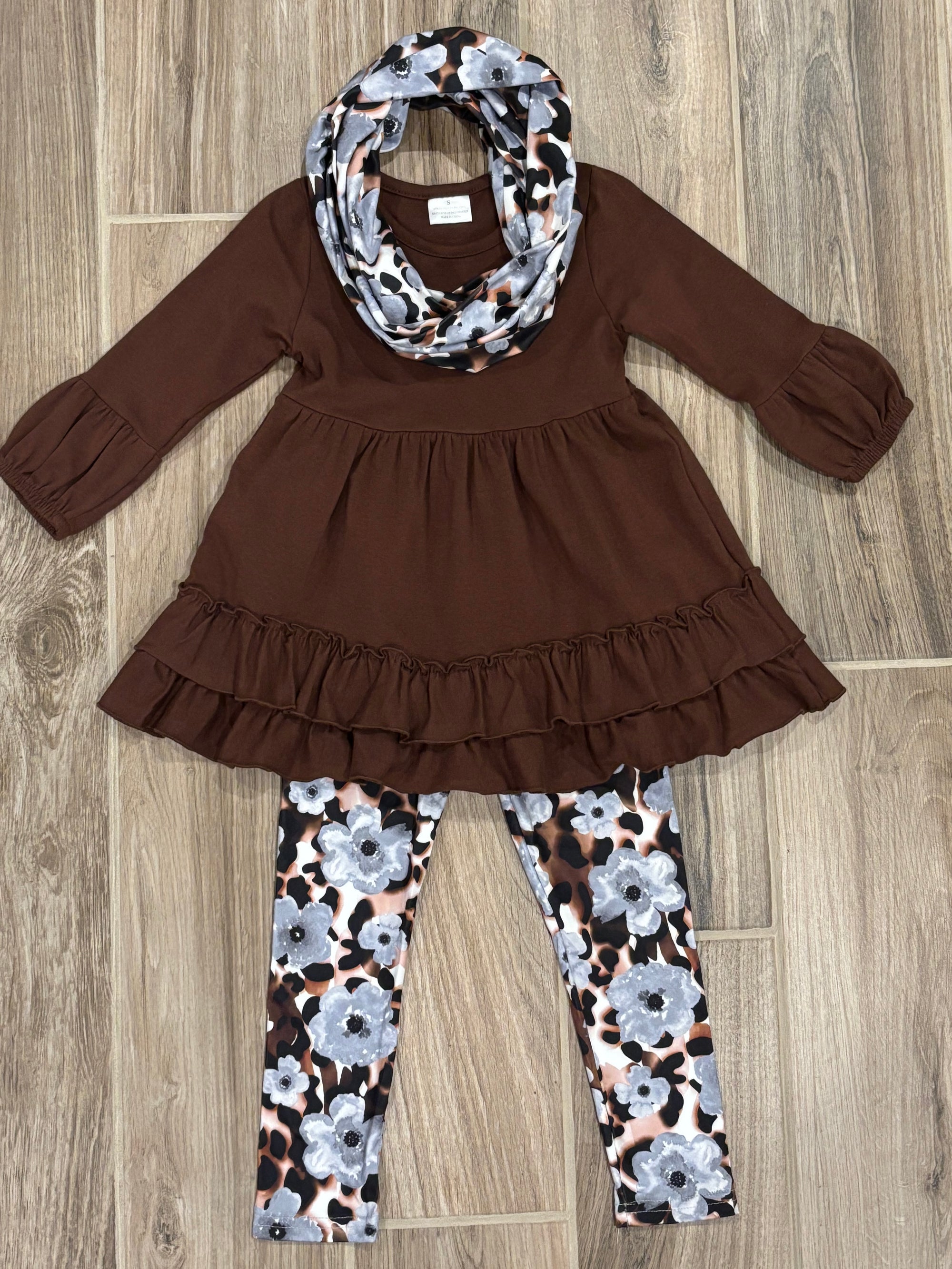 L/S - Brown Silver Floral w/Scarf 3pc Set