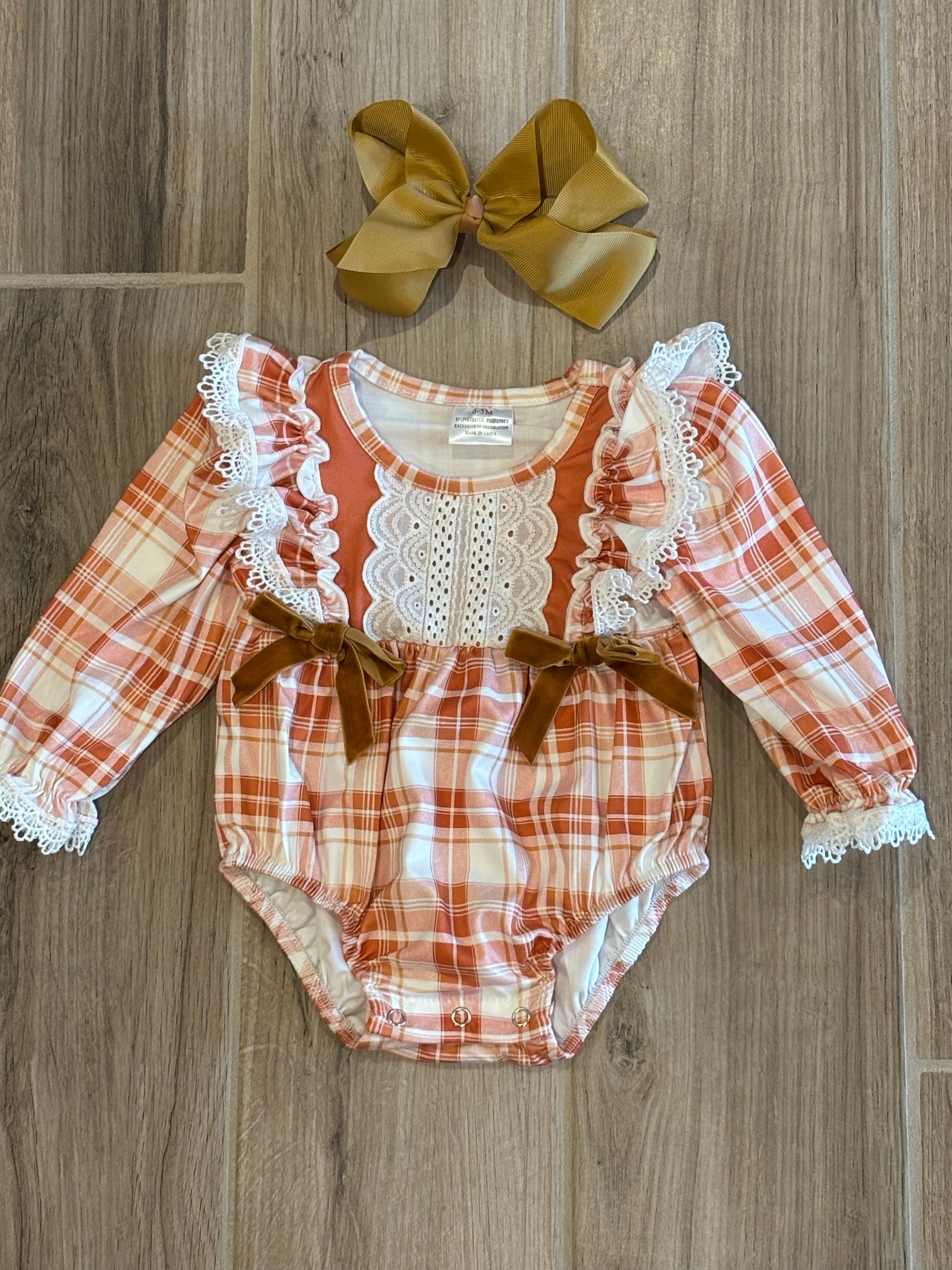 Infant - Rust Plaid Lace Romper