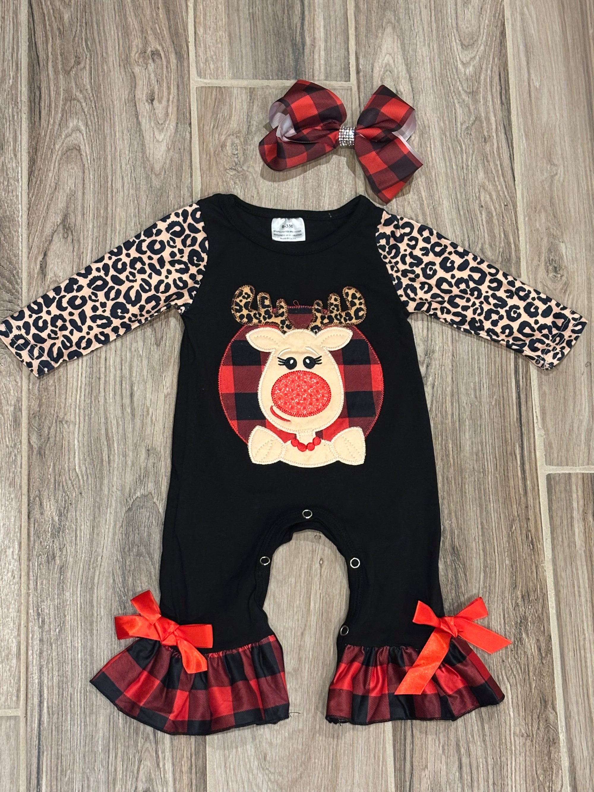 Christmas - Reindeer Black Leopard Romper