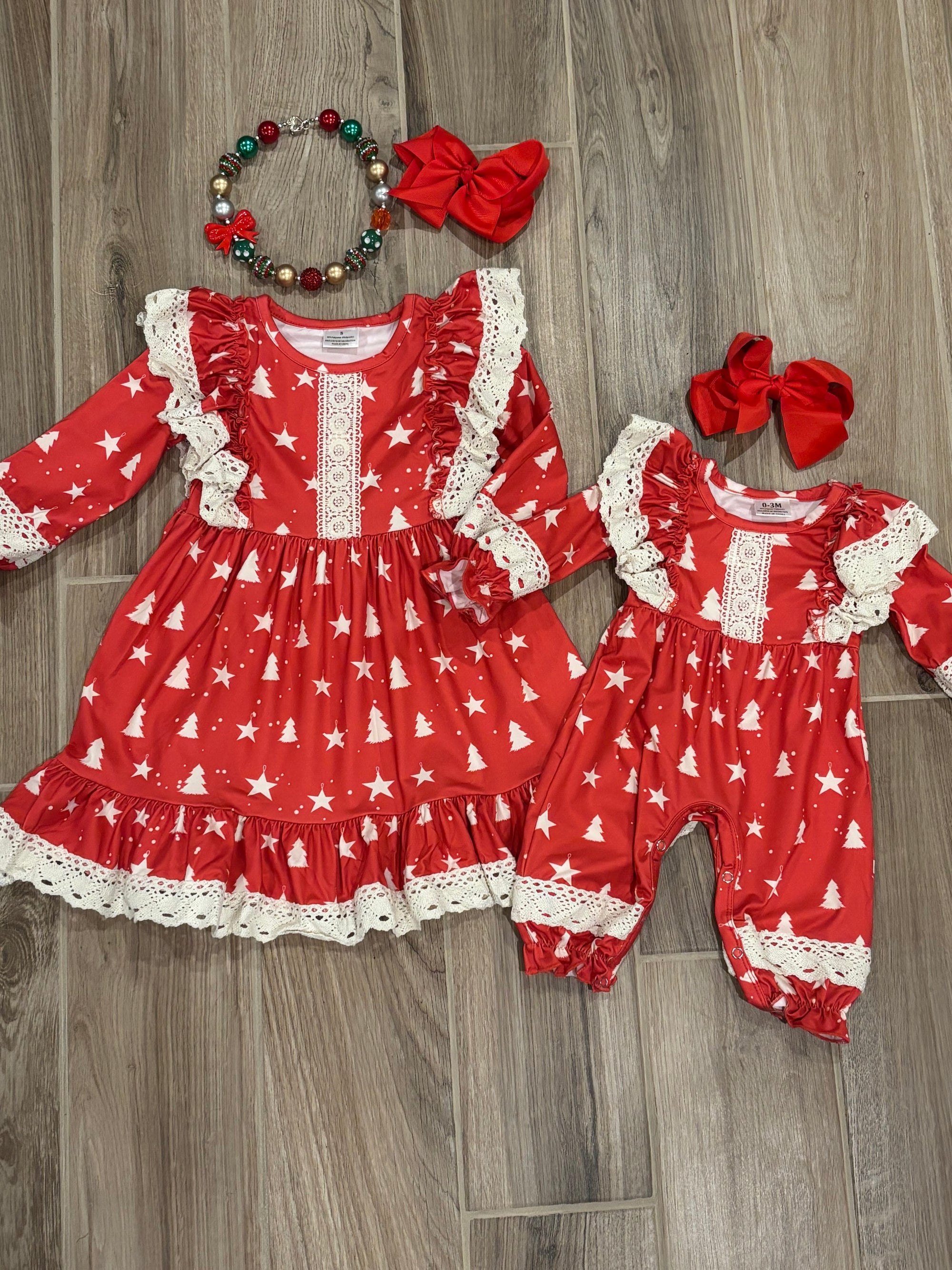 Christmas - Red Tree Print w/Lace Ruffle Romper