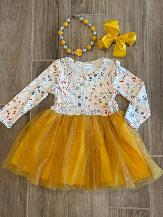 Dress - White Floral w/Yellow Gold Tulle