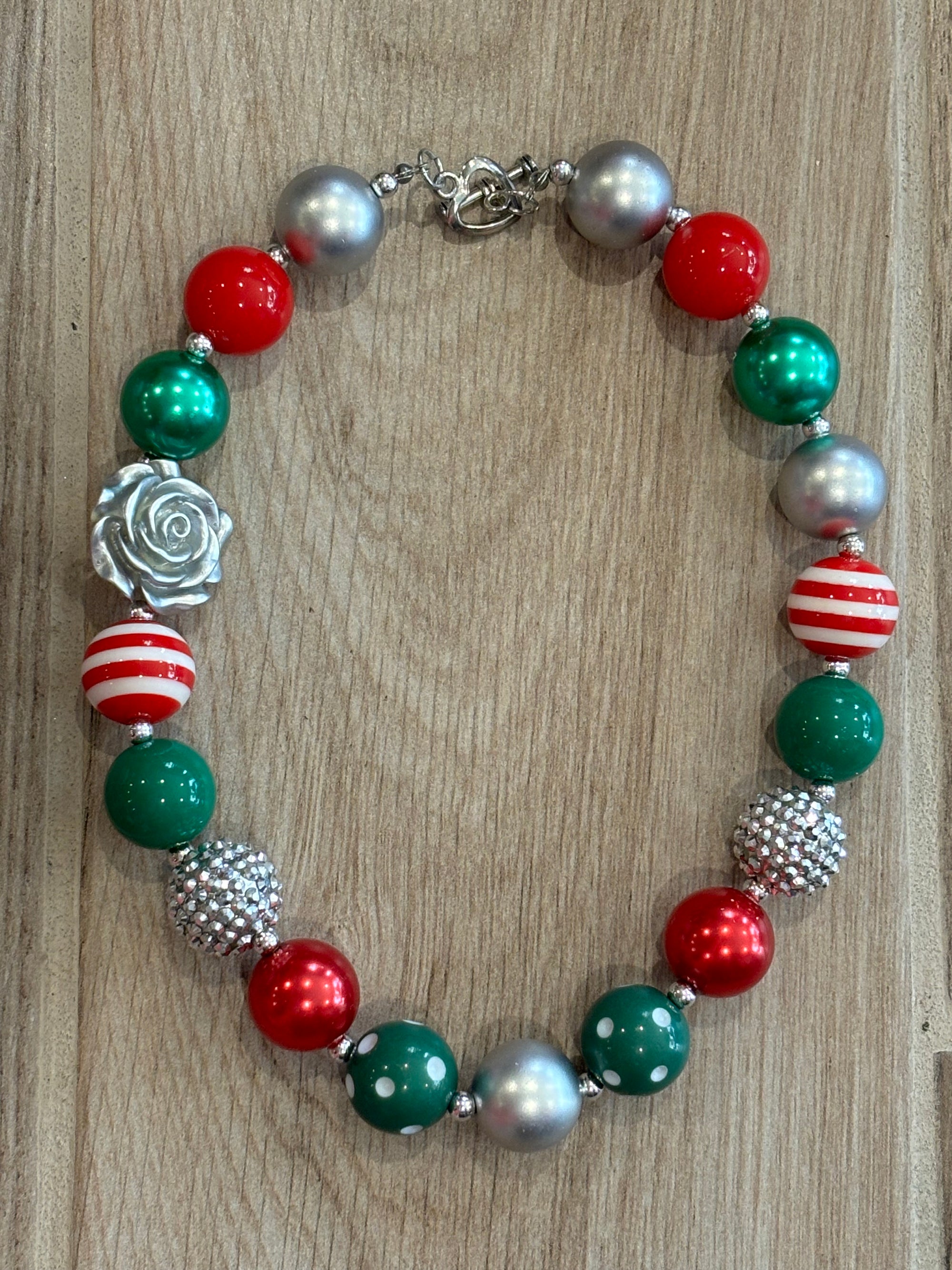 Necklace - Red/Green/Silver Rose