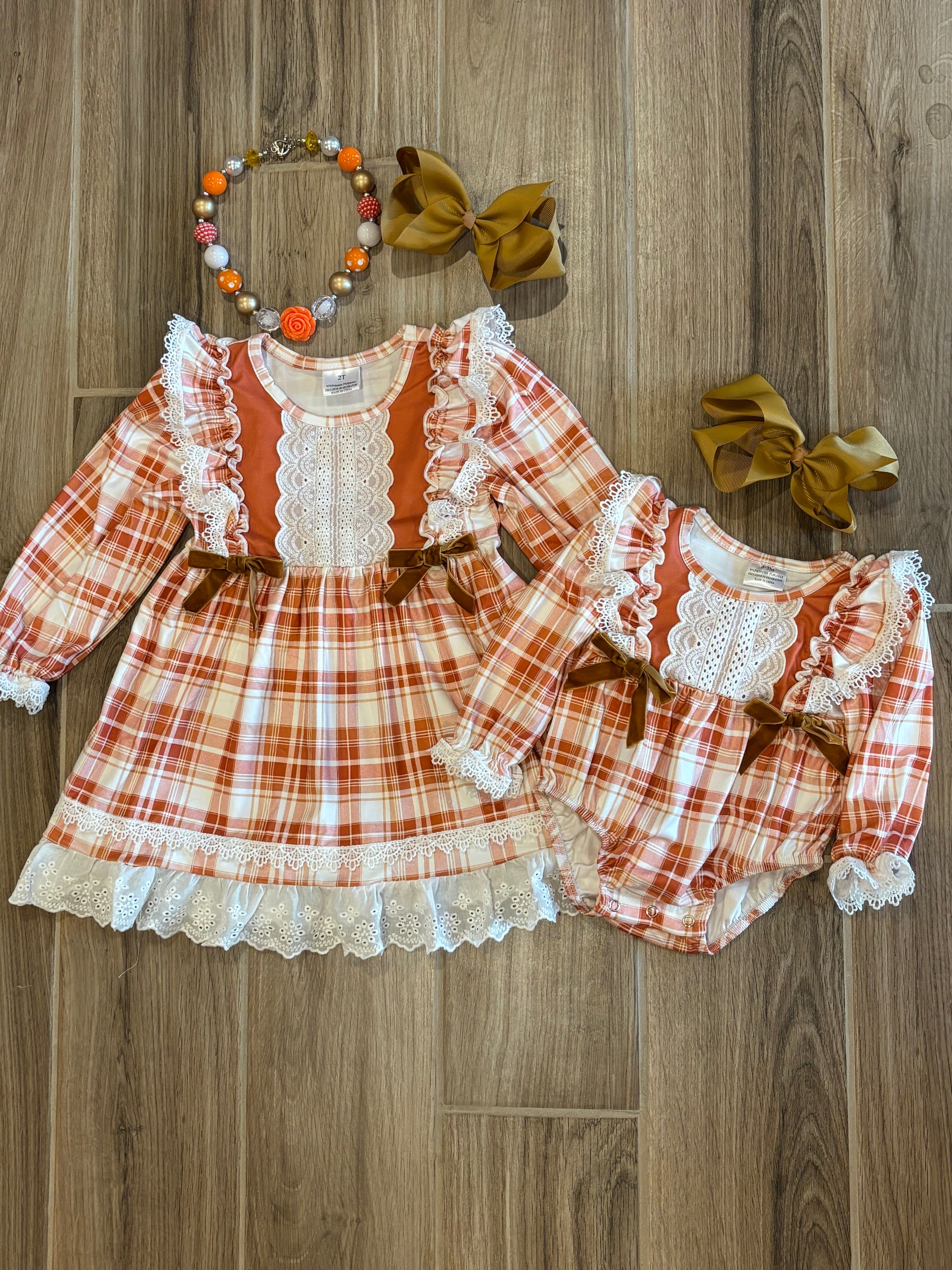 Infant - Rust Plaid Lace Romper