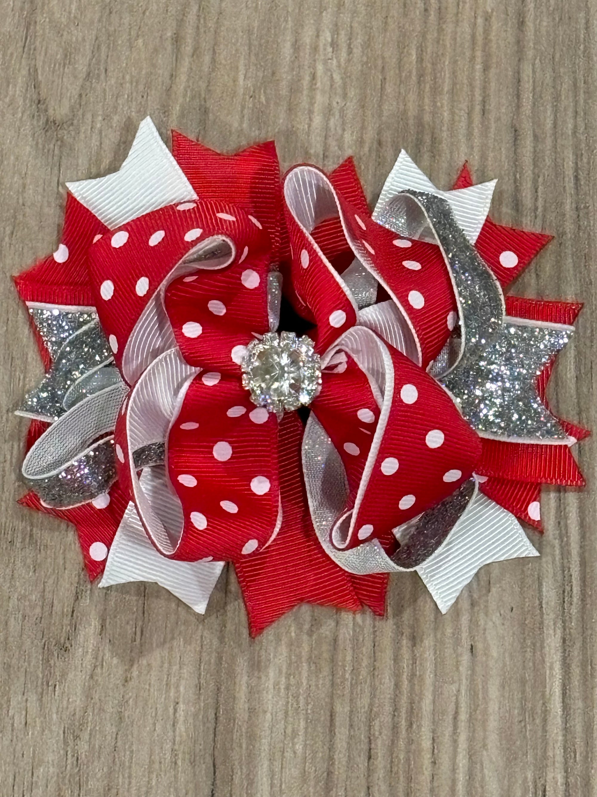 Hair Bow - Red/Silver Rhinestone