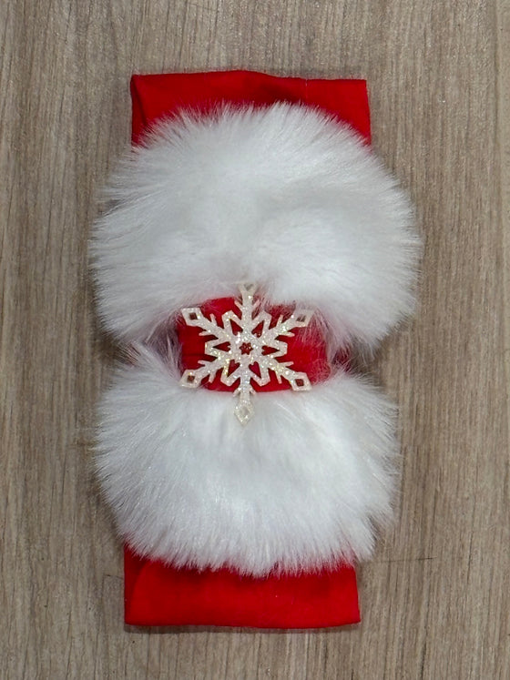 Headband - Red Faux Fur White Snowflake