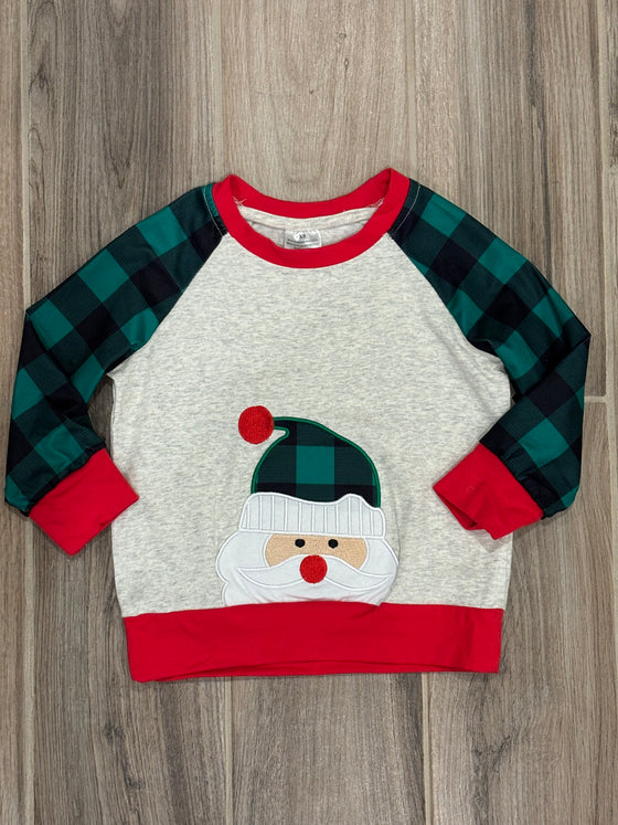 Christmas - Green Plaid Santa Applique Crew