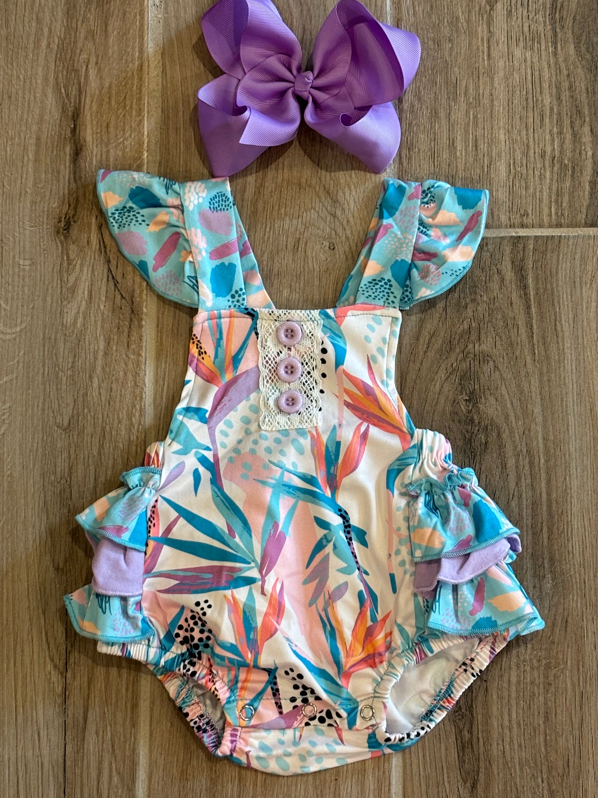 Infant - Cyan/Lavender Ruffled Romper