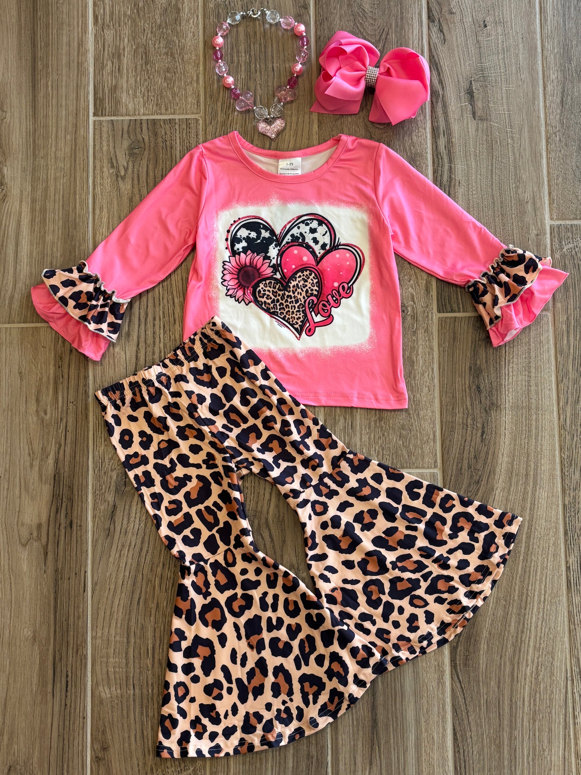 L/S - Pink Heart w/Leopard Bell Bottoms