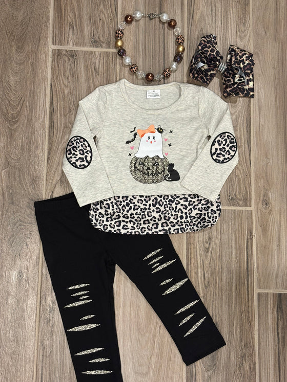 Halloween - Cream/Leopard Ghost Pant Set