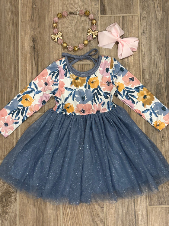Dress - Floral w/Slate Blue Sparkle Tulle