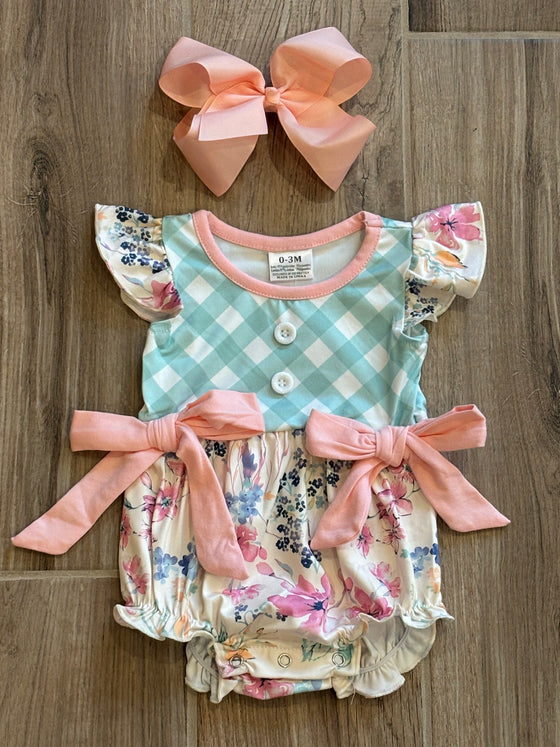 Infant - Green Plaid Floral Romper