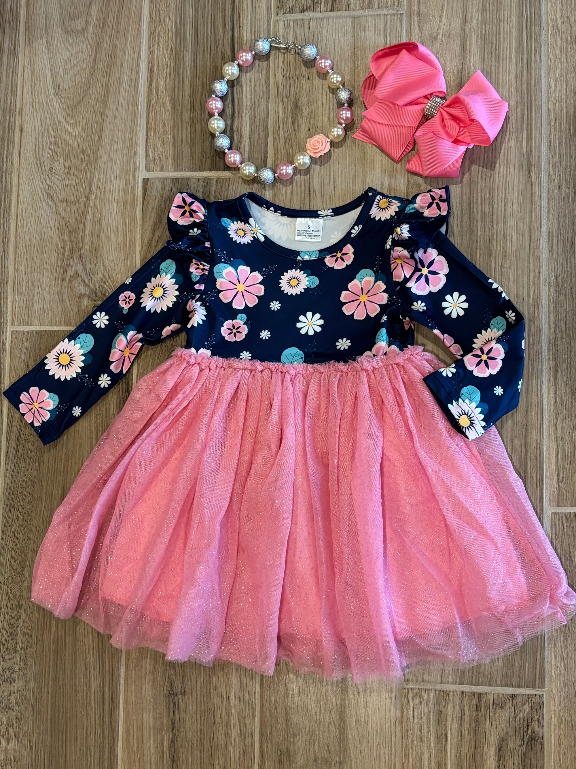 Dress - Navy Floral w/Pink Tulle