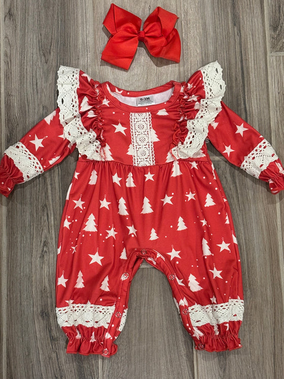 Christmas - Red Tree Print w/Lace Ruffle Romper