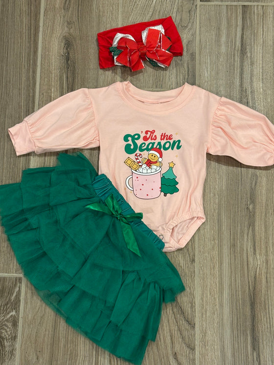 Christmas - PInk Romper w/Green Tulle Skirt