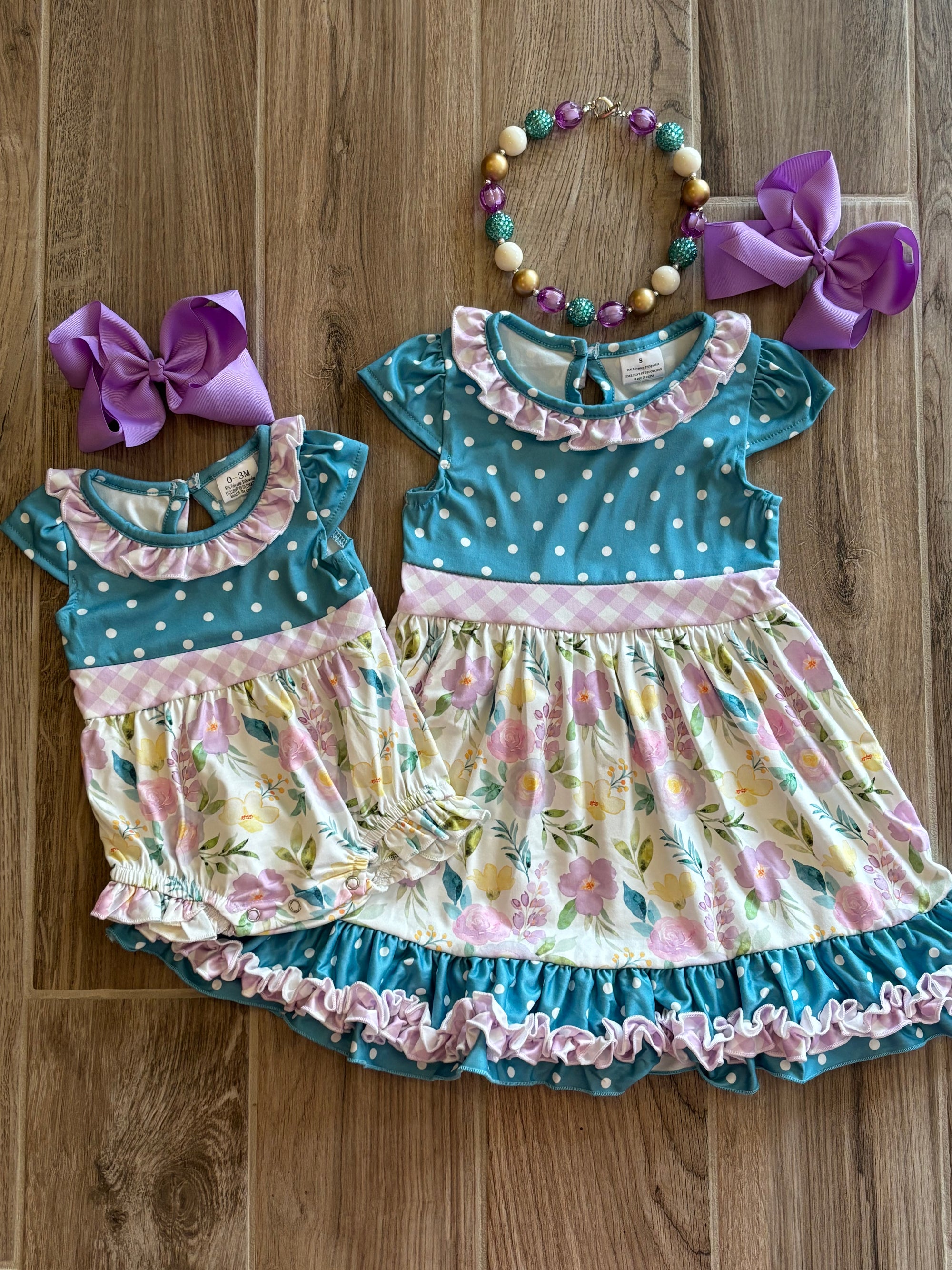 Infant - Cyan Polka Dot Floral Romper