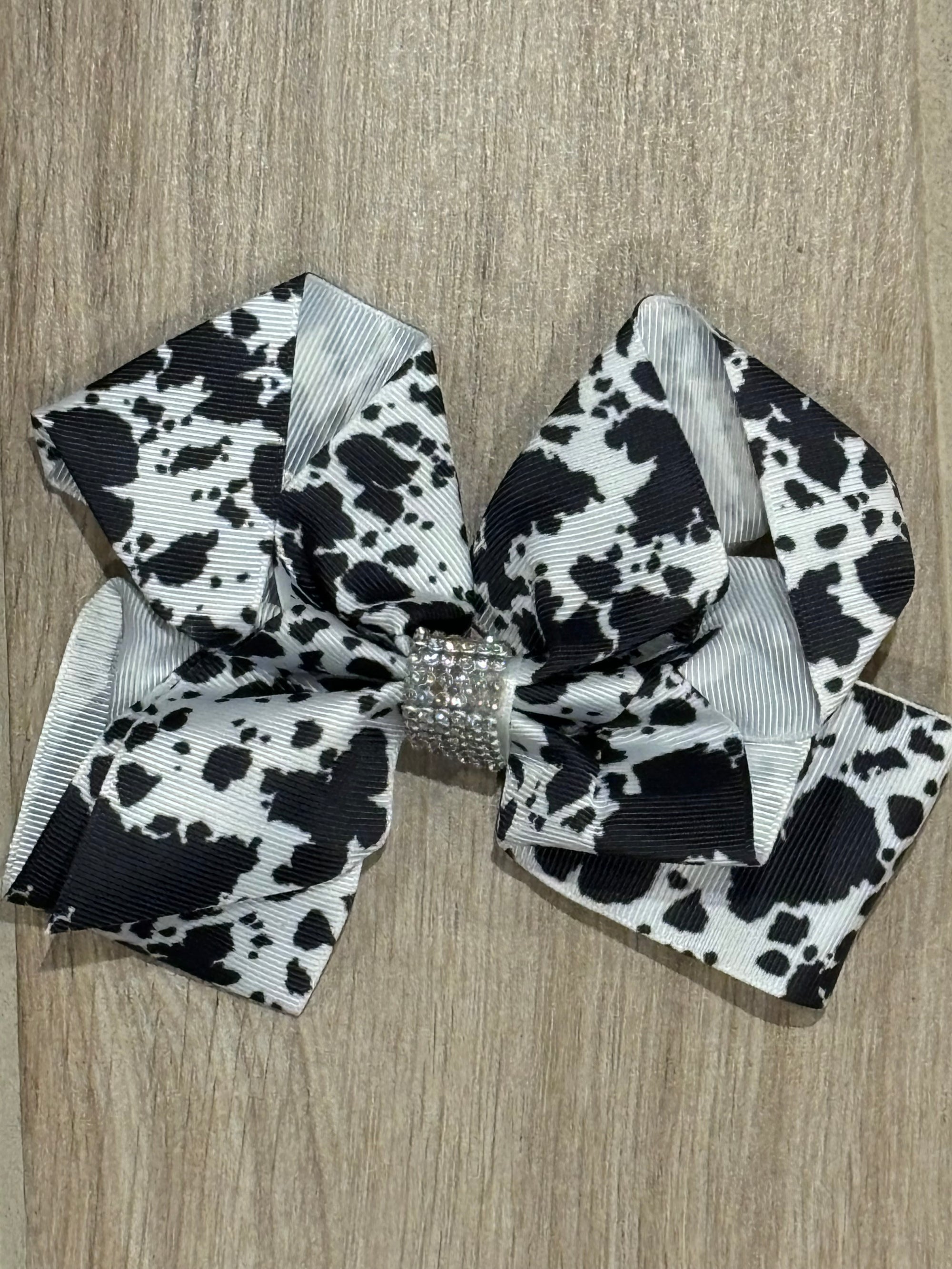 Hair Bow - Rhinestone Black Cow Print
