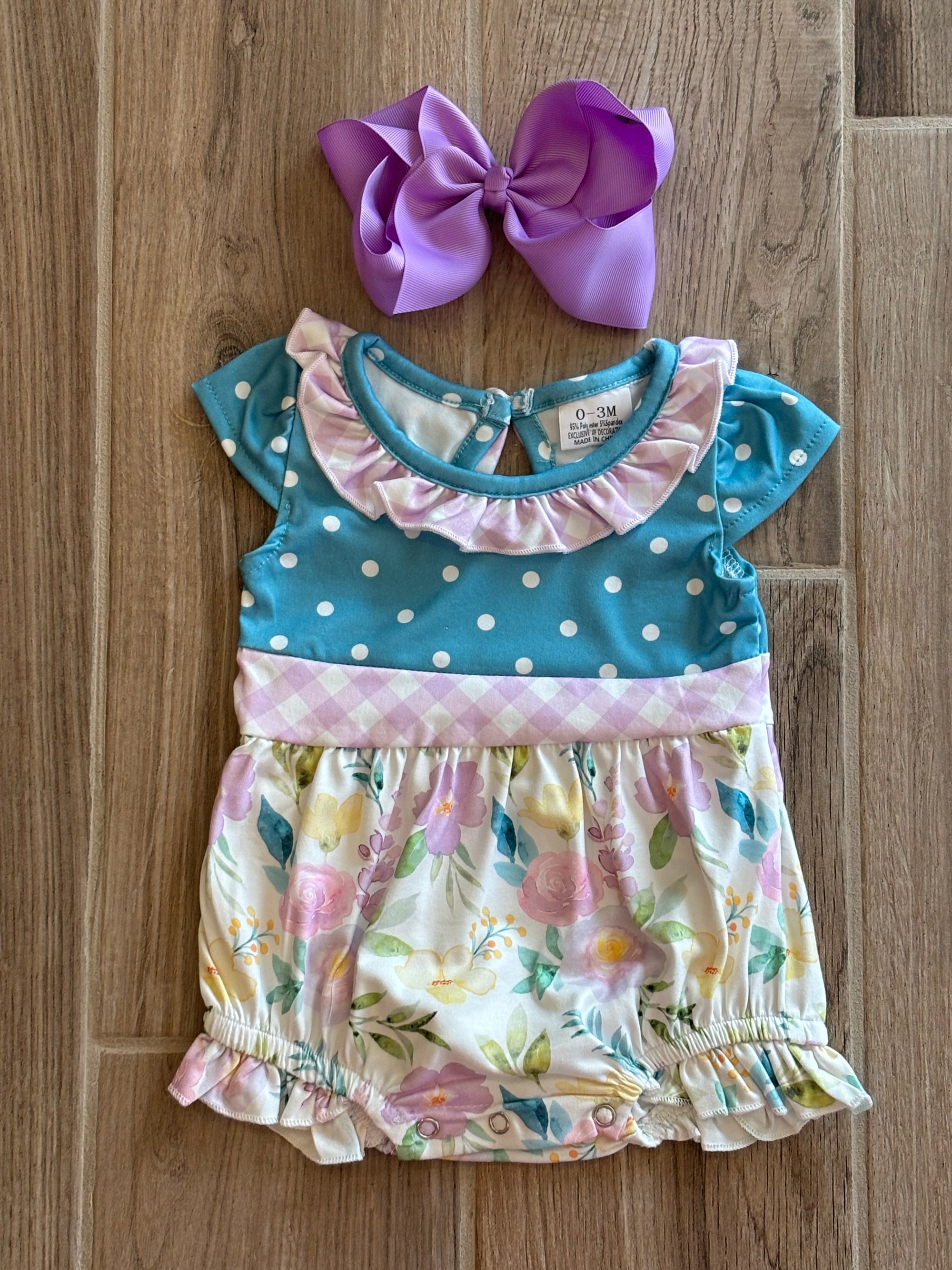 Infant - Cyan Polka Dot Floral Romper
