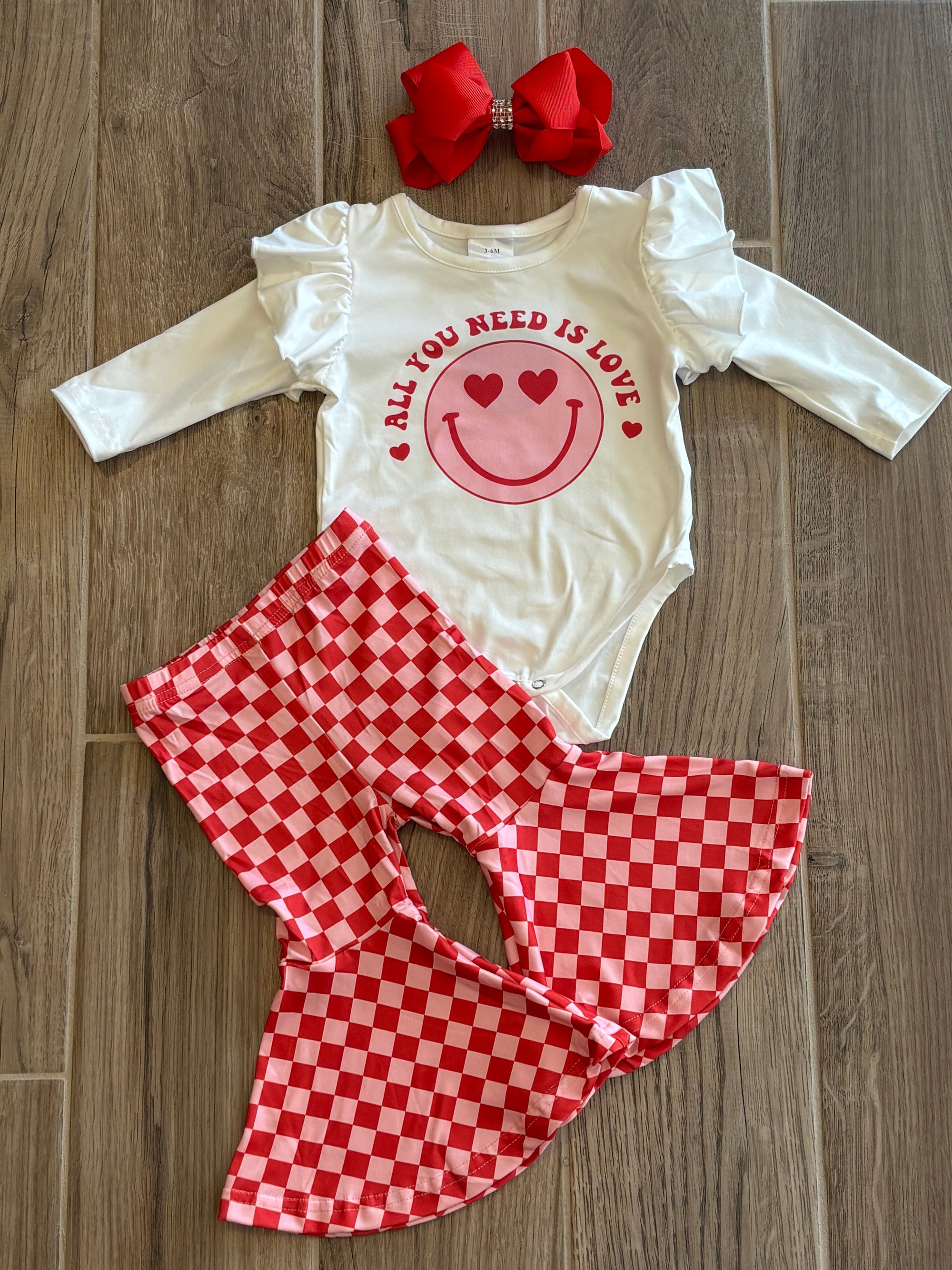 Infant - 2pc LOVE w/Red Pink Checkered Bell Bottoms