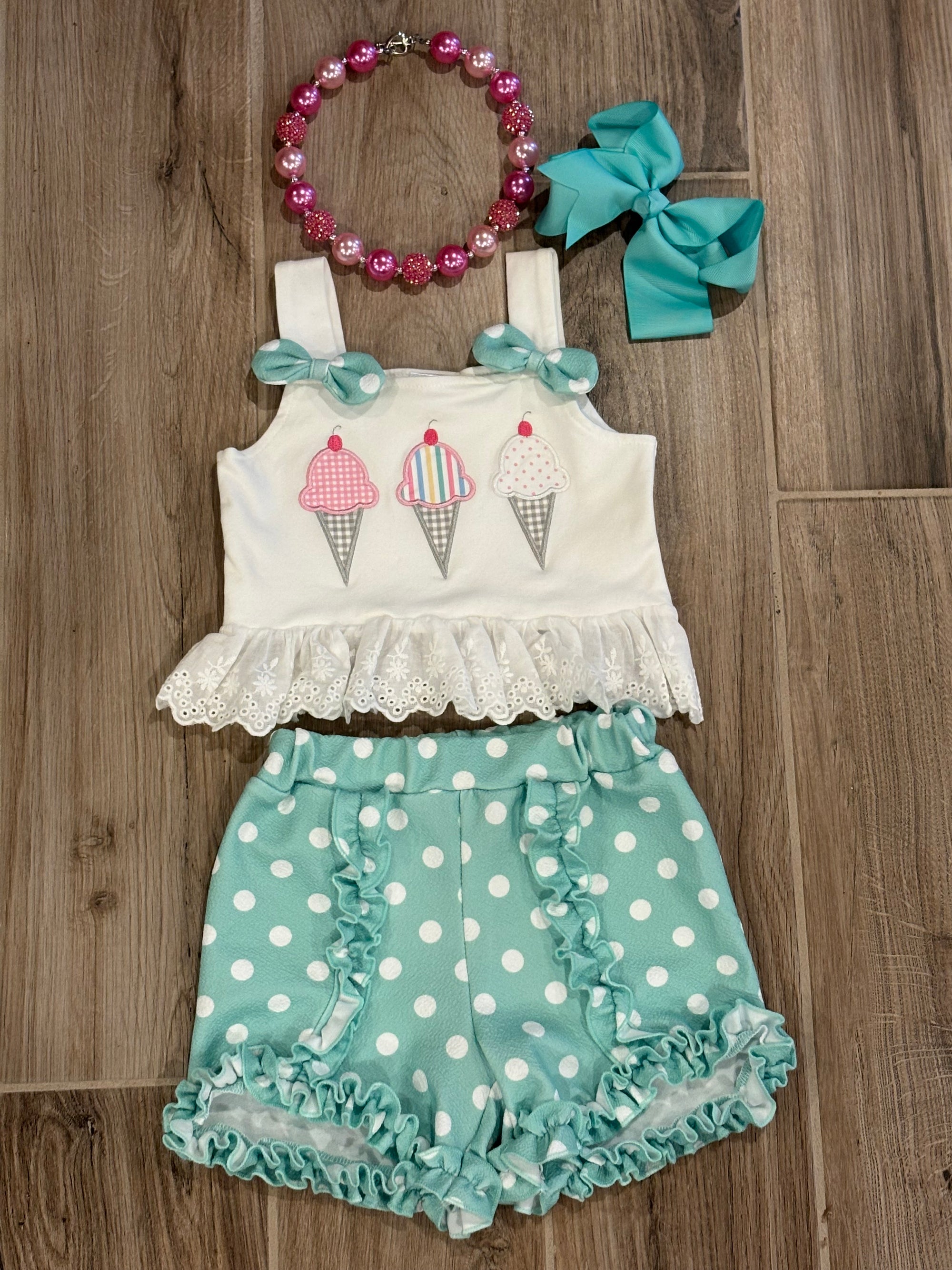 Short Set - Ice Cream Tank w/Teal Shorts