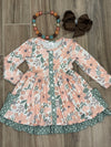 Dress - Peach Floral/Green Dot Ruffle