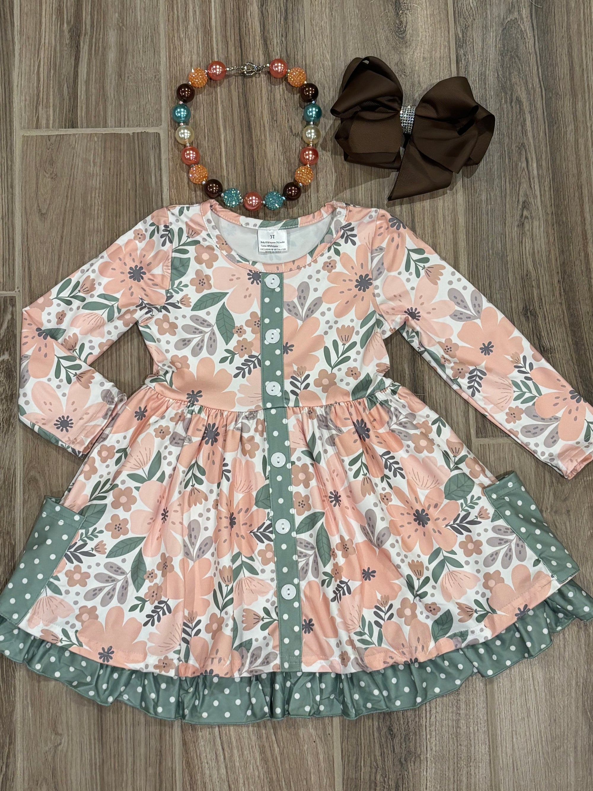 Dress - Peach Floral/Green Dot Ruffle