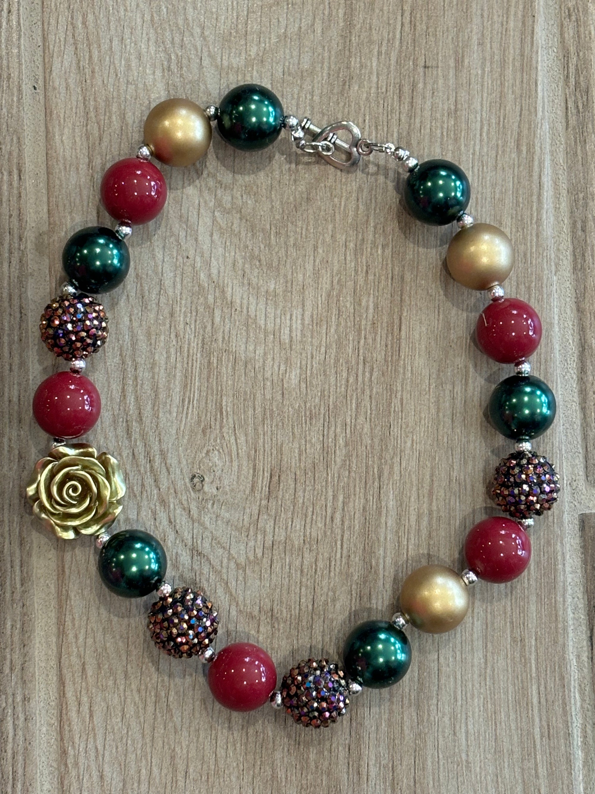 Necklace - Burgundy/Green/Gold Rose
