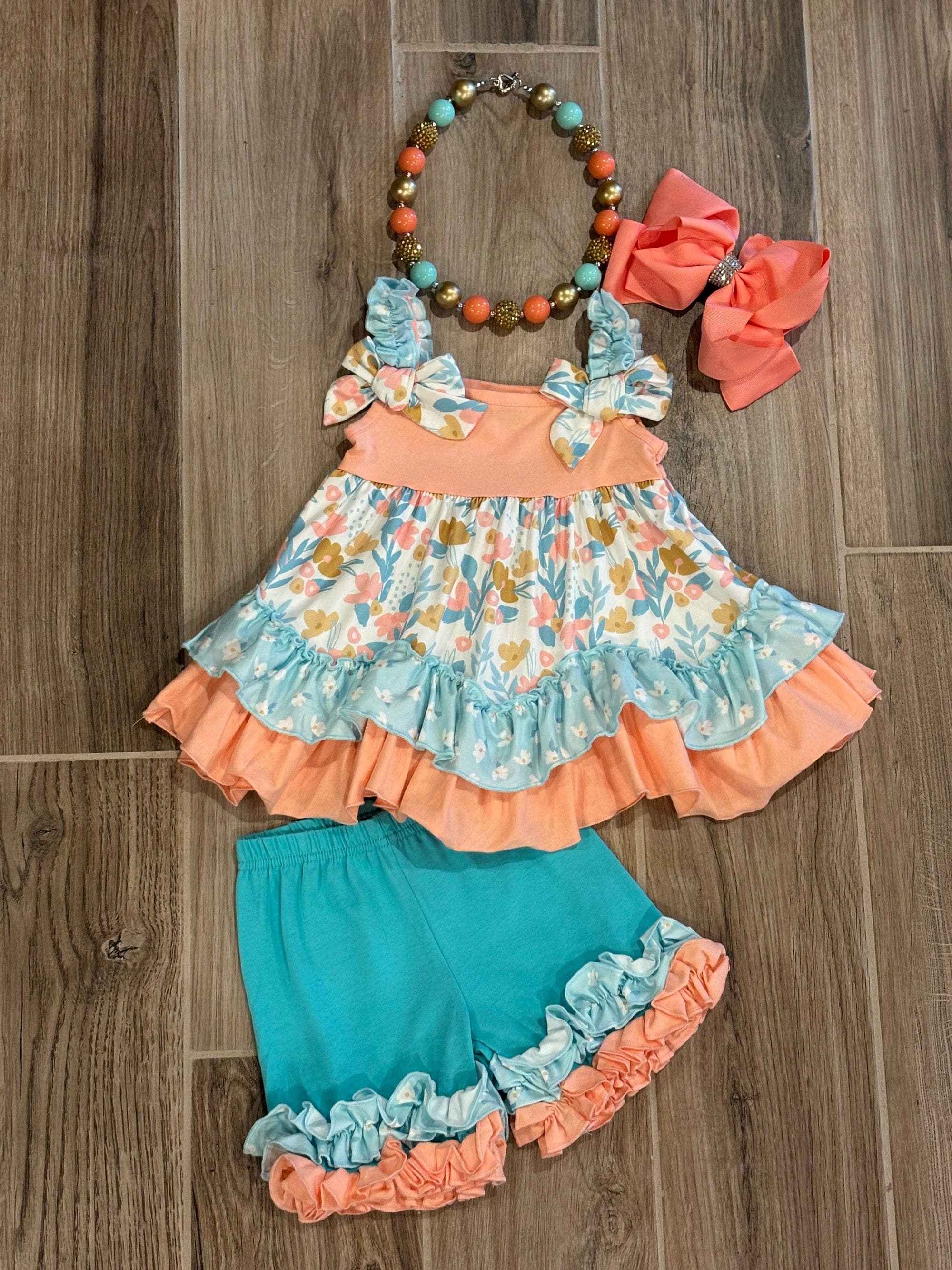 Short Set - Floral Ruffle Tank w/Teal Shorts