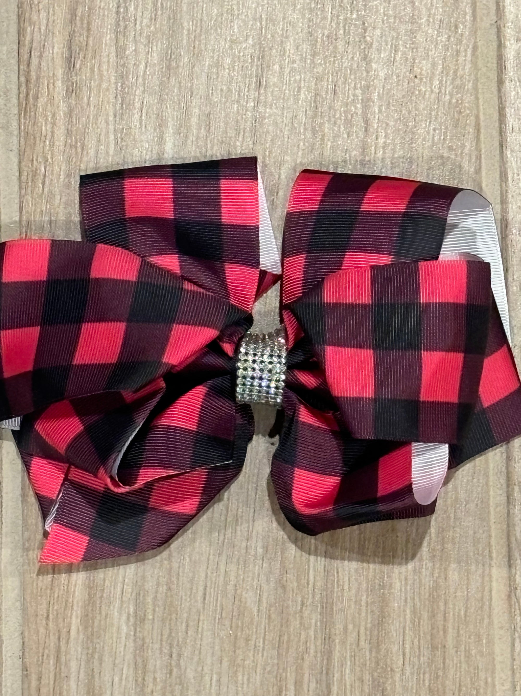 Hair Bow - Rhinestone Pink/Black Plaid