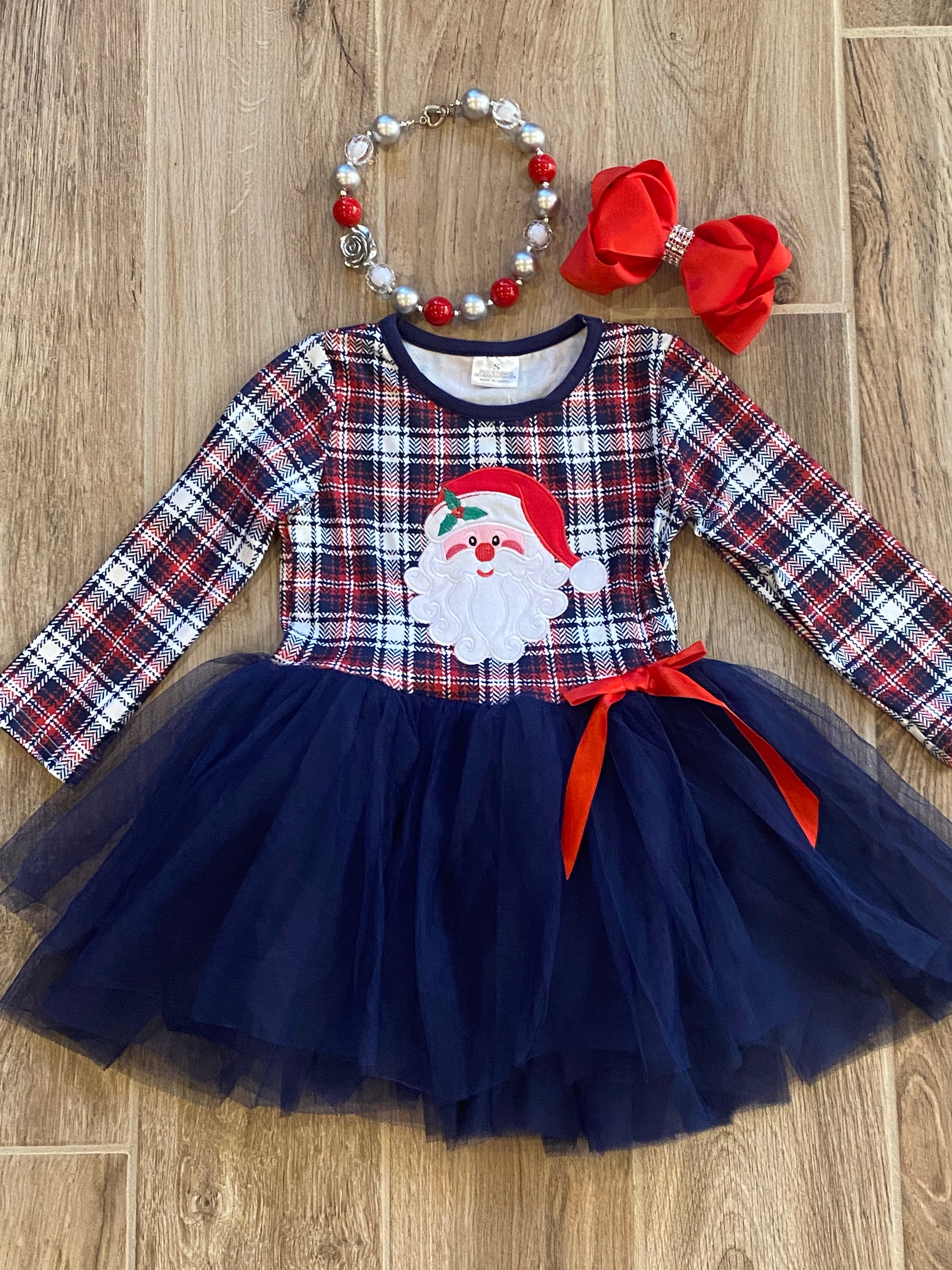 Christmas - Plaid Santa Dress w/Navy Tulle