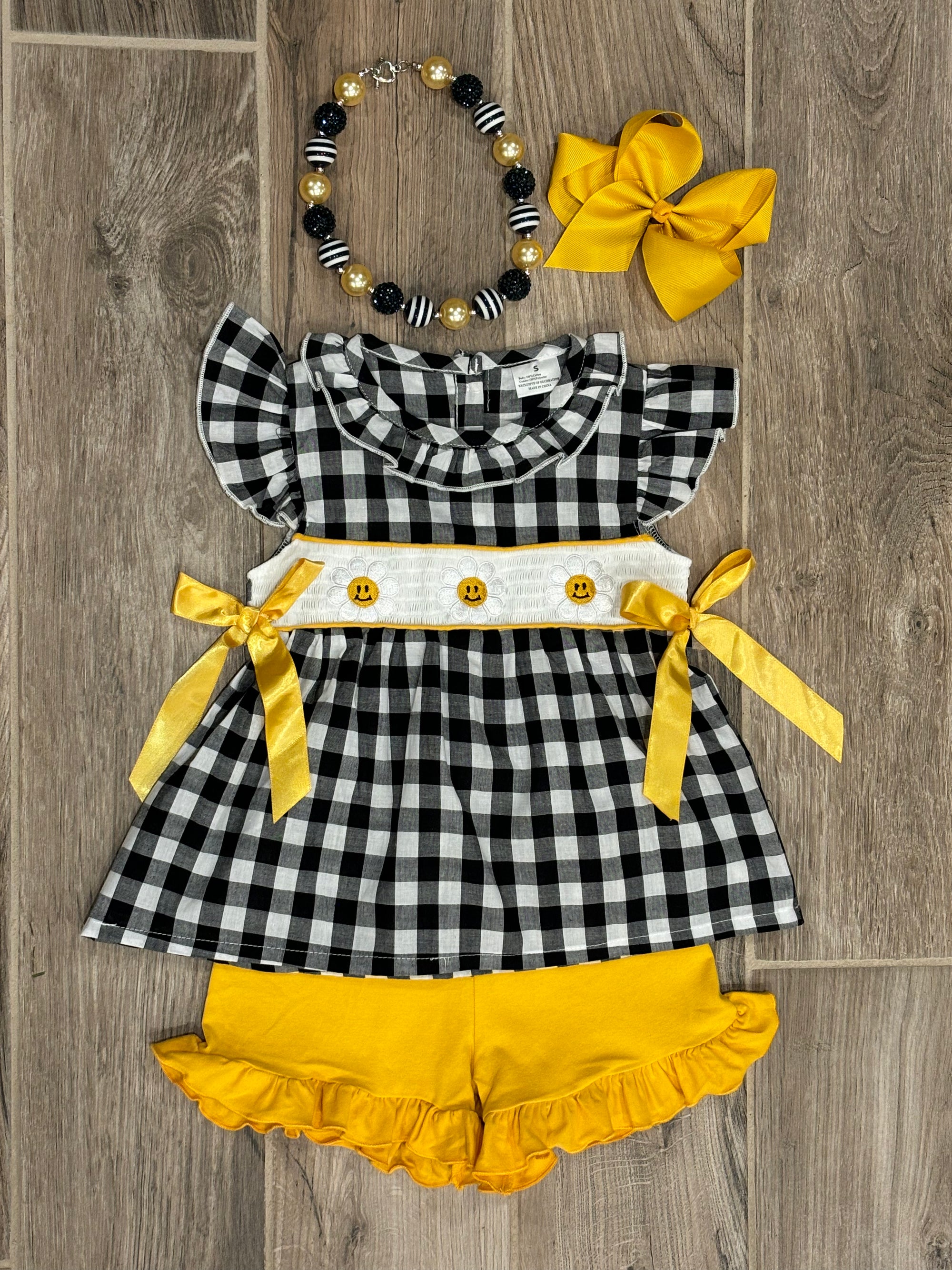 Short Set - Black Plaid & Yellow Smiles