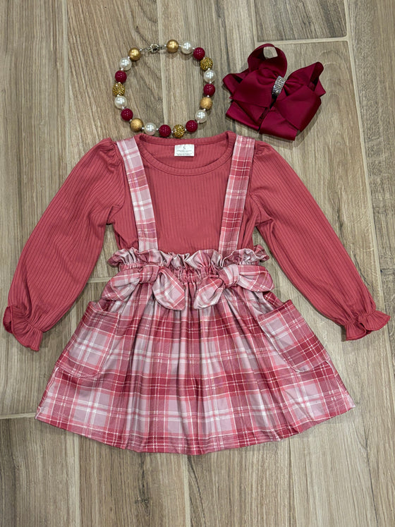 Dress - Dark Rose Top w/Plaid Suspender Skirt