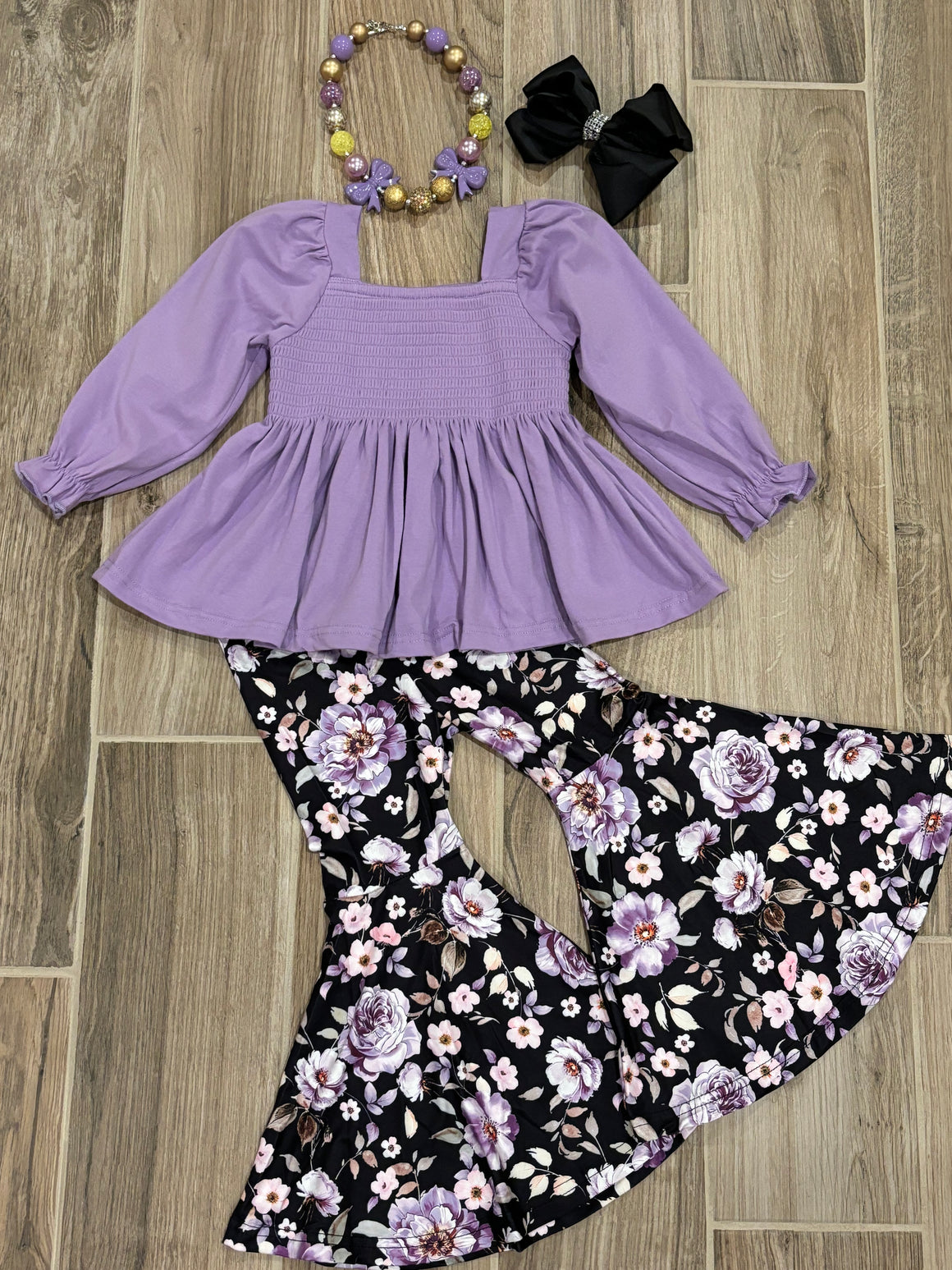 L/S - Lavender w/Black Floral Bell Bottoms