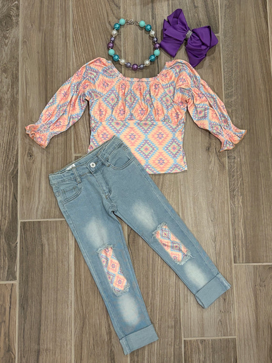 L/S - Peach/Purple Aztec w/Jeans