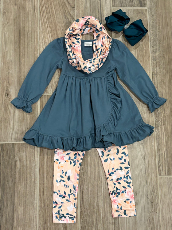 L/S - Dark Sage w/Floral Scarf 3pc Set