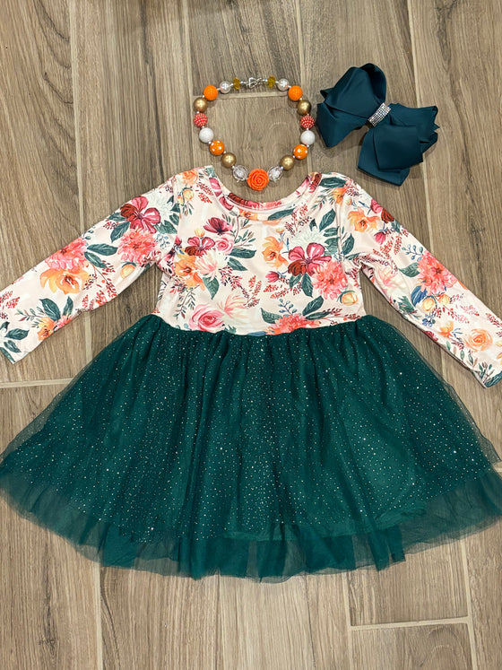 Dress - Floral w/Green Sparkle Tulle