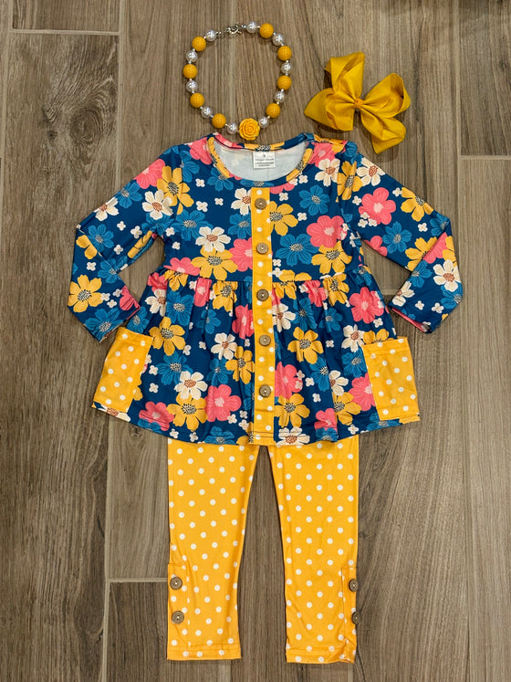 L/S - Blue Floral w/Yellow Polka Dot Pants