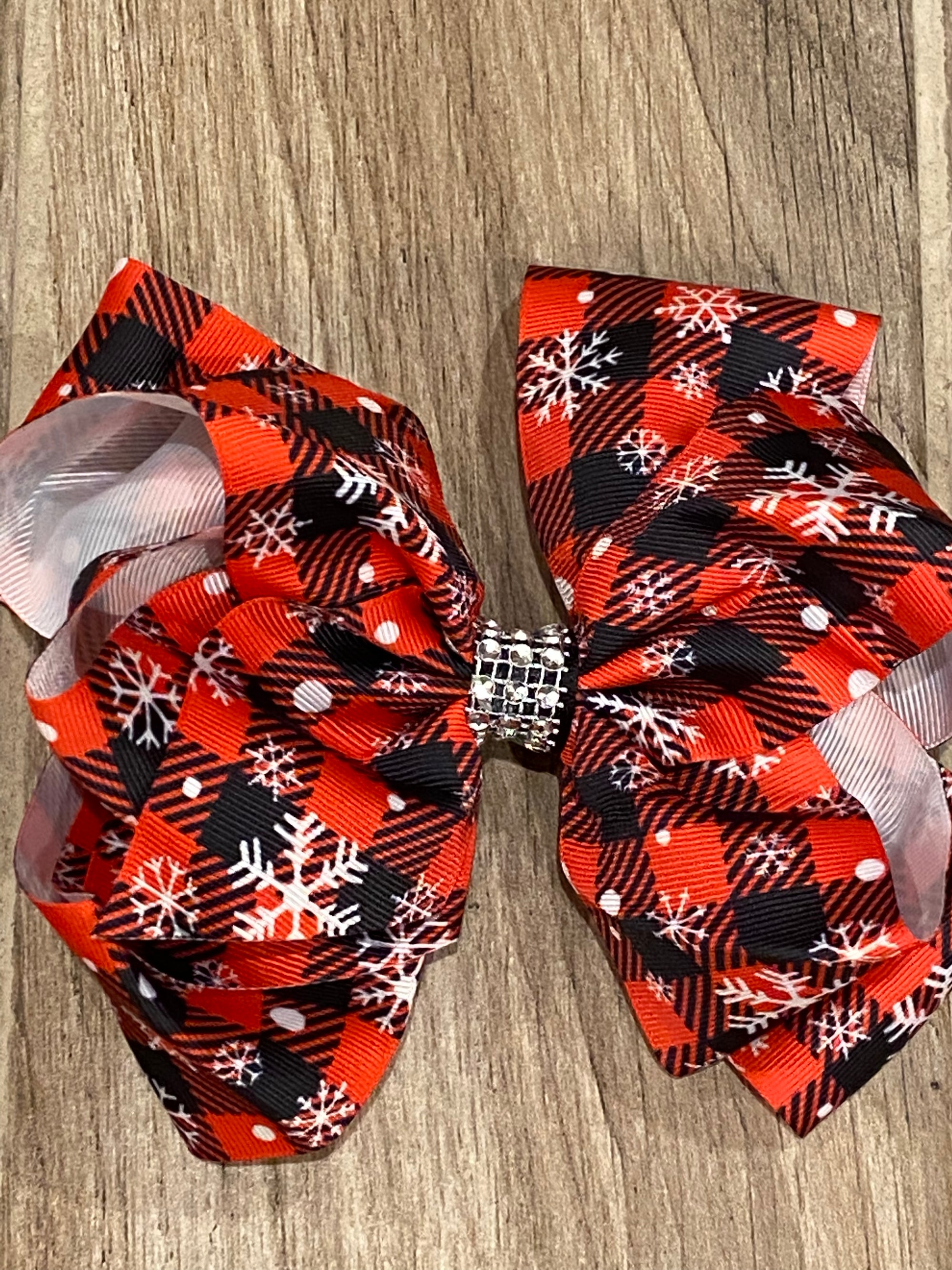 Hair Bow - Rhinestone Red Plaid Snowflakes